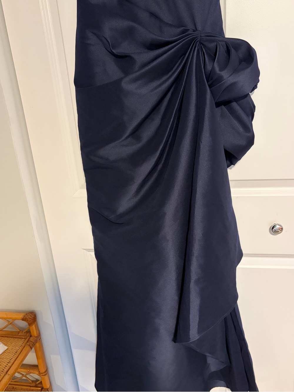 Satin Draped Navy Blue Evening Gown - Picture 11 of 12